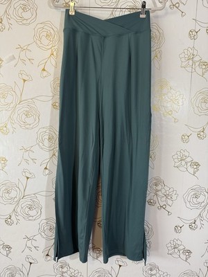 Halara Pants Green Medium Crossover Waist Wide Leg Slit Yoga  Flowy NWT