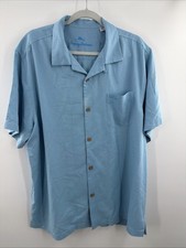 Tommy Bahama Island Zone Button Down Shirt Short Sleeve Blue Silk Large