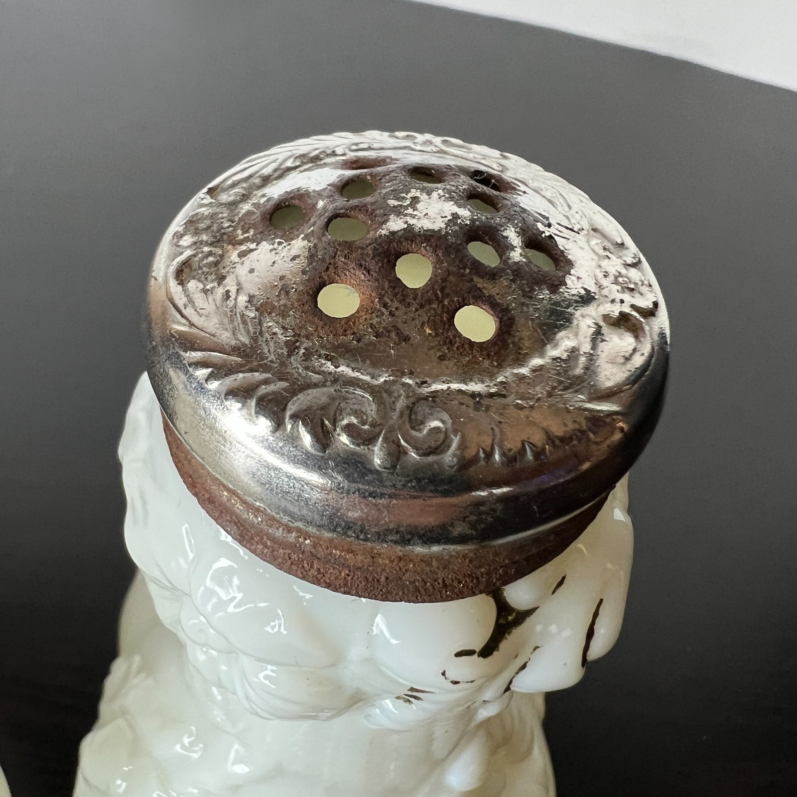 Vintage Westmoreland Shaker Salt Pepper White Milk Glass Floral Pansies Design