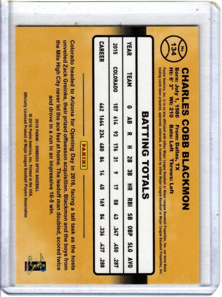 2016 Panini Donruss Optic Charlie Blackmon Pink Prizm - Image 2 of 2