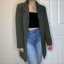 Olive Green Button Blazer With Shoulder Pads