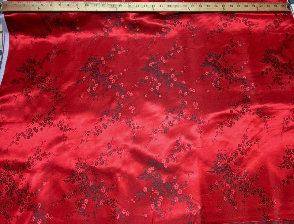 Red & Black Cherry Blossom Dogwood Brocade Faux Silk Fabric Material BTY Craft - Image 2 of 3