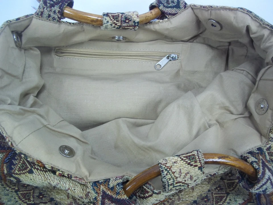 SASHA Women’s Bag Tan Paisley Beaded Design Strap Snap Closure 100% Cotton - Image 2 of 3