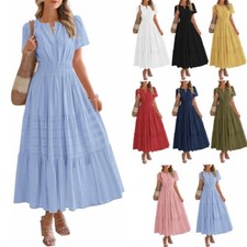New Womens Short Sleeve V Neck Long Dress Ladies Summer Pocket Ruffles Dresses