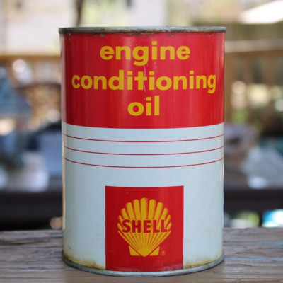 GREAT SHAPE * 1950s era SHELL ENGINE CONDITIONING MOTOR OIL Old 1 qt. Metal Can