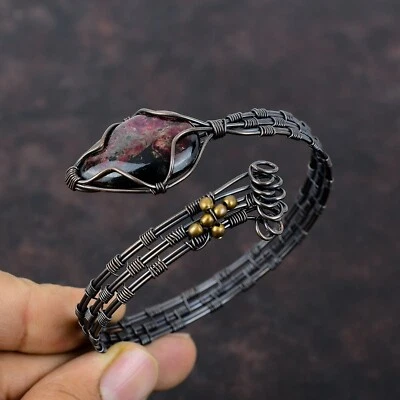 Eudialyte Gemstone Handmade Jewelry Copper Mom Gift Wire Wrapped Adjustable Cuff - Image 1 of 4
