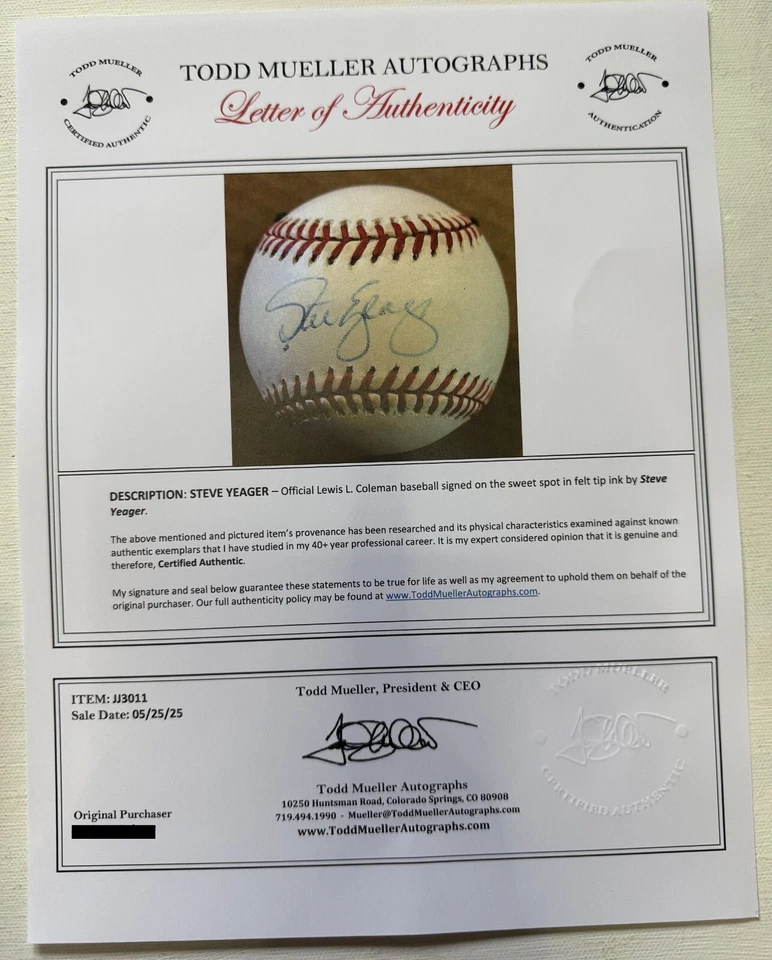 Steve Yeager Firmado Autografiado Oficial Liga Nacional (ONL) Béisbol Foto 3 de 3