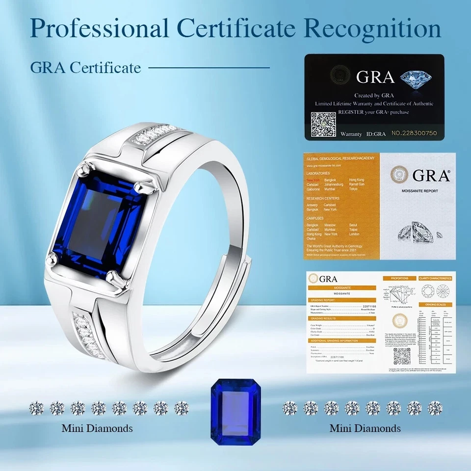 Hermosa caja anillo de piedras preciosas azules sin óxido certificado GRA para hombre Foto 2 de 4