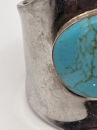 Vintage ATI Sterling Silver Faux Turquoise Wide Cuff Bracelet - Picture 15 of 24