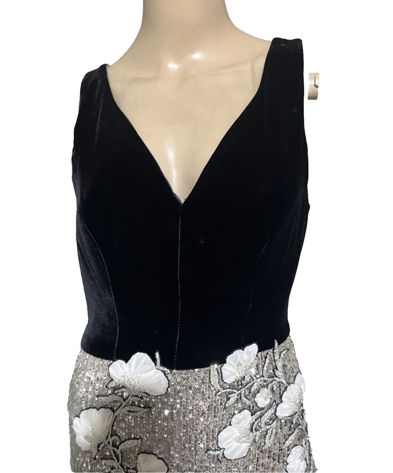 Monique Lhuillier черный серебряный блестки цветочный вышитый длинный шелк платье 6 - Изображение 4 из 4