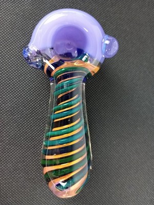 4.5'' Neon Purple Green Spiral Metallic Gold Fumed Handblown Heavy Glass Pipe