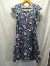BOG Collective Womens Medium Dress Blue Floral Faux Wrap Bohemian Wedding Church