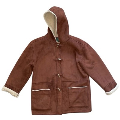 Vintage Lauren Ralph Lauren XL Hooded Duffle Coat Mocha Brown Suede Sherpa Y2K