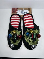 Dearfoams Women  s S 9-10 Black Get Lit Christmas Holiday Slippers Bells New g6 