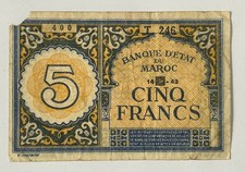1943 Morocco 5 Francs P#33A Circulated
