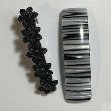 Vintage Hair Accessory Clip Barrettes France Rose Blue Black Snap Closure Used