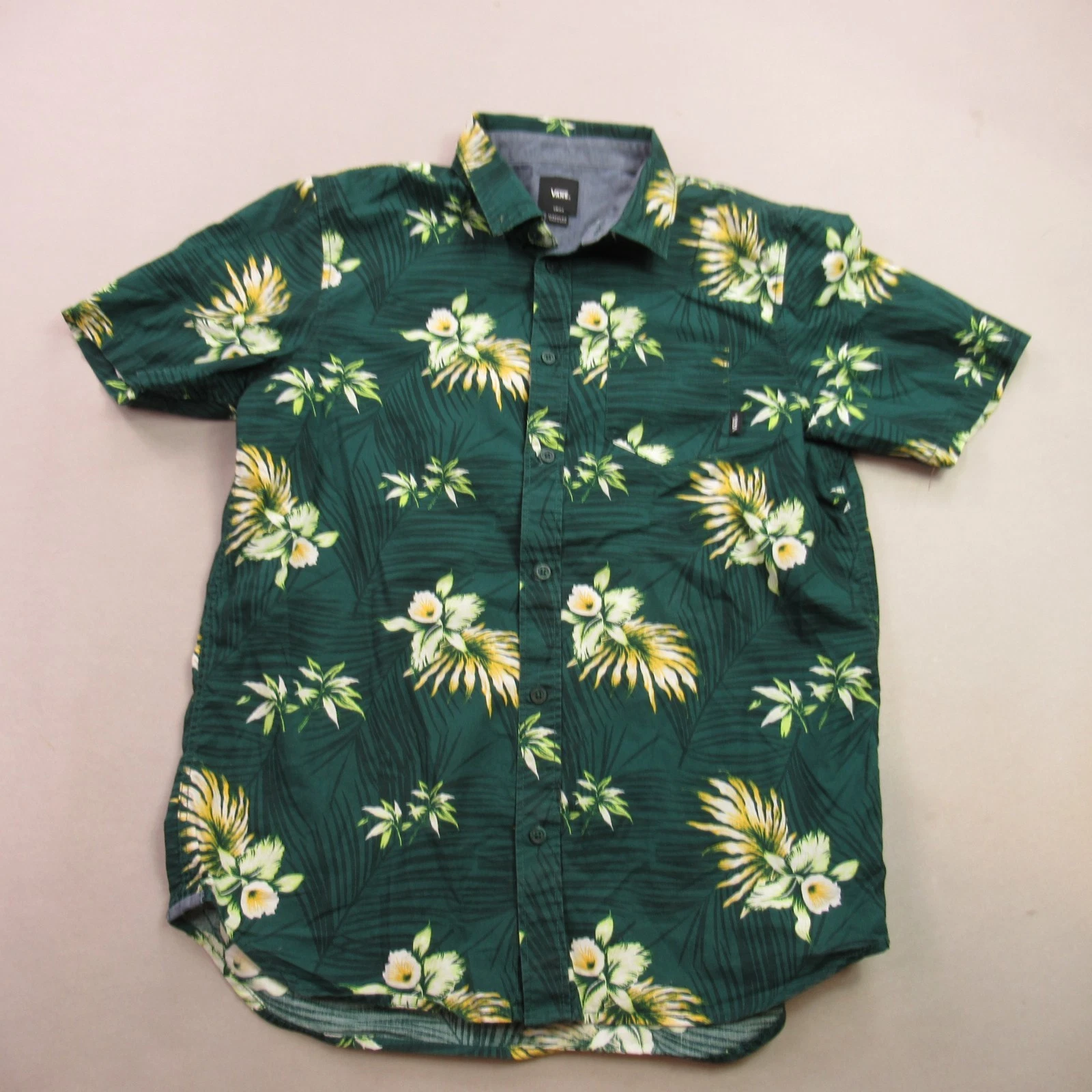 Vans Mens Shirt Small Green Short Sleeve Button Front Outdoors Floral