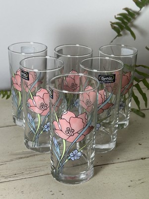Vintage Pasabahce Crystal Glassware Set Of 6 Pink Flower Barware Tumbler NEW