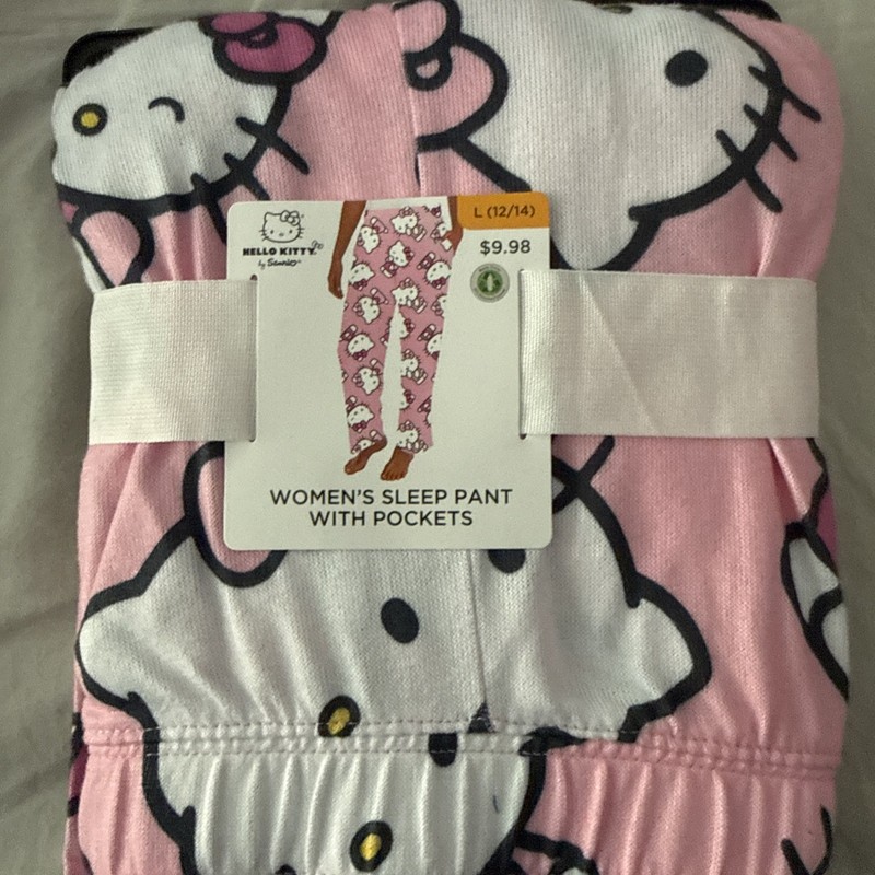 HELLO KITTY WOMENS SLEEP PANTS WITH POCKETS PINK SIZE Large 12-14 ELASTIC WAIST
