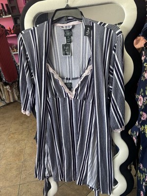 Laura Ashley Women's M Blue White Pink Striped Lace Trim V-Neck Pajama Set