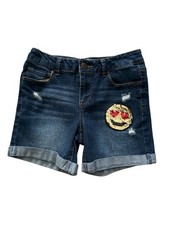 MUDD Girls Denim Midi Shorts Size 12 - Emoji Heart Eyes Sequins Adjustable Waist