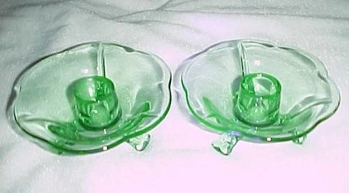 2 FENTON LOTUS 3-FT GREEN DEPRESSION GLASS URANIUM CANDLE HOLDERS GLOWS