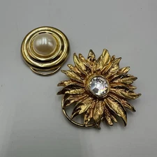 Vintage Scarf Clip Lot Gold Tone Rhinestone Sunflower Faux Pearl Round