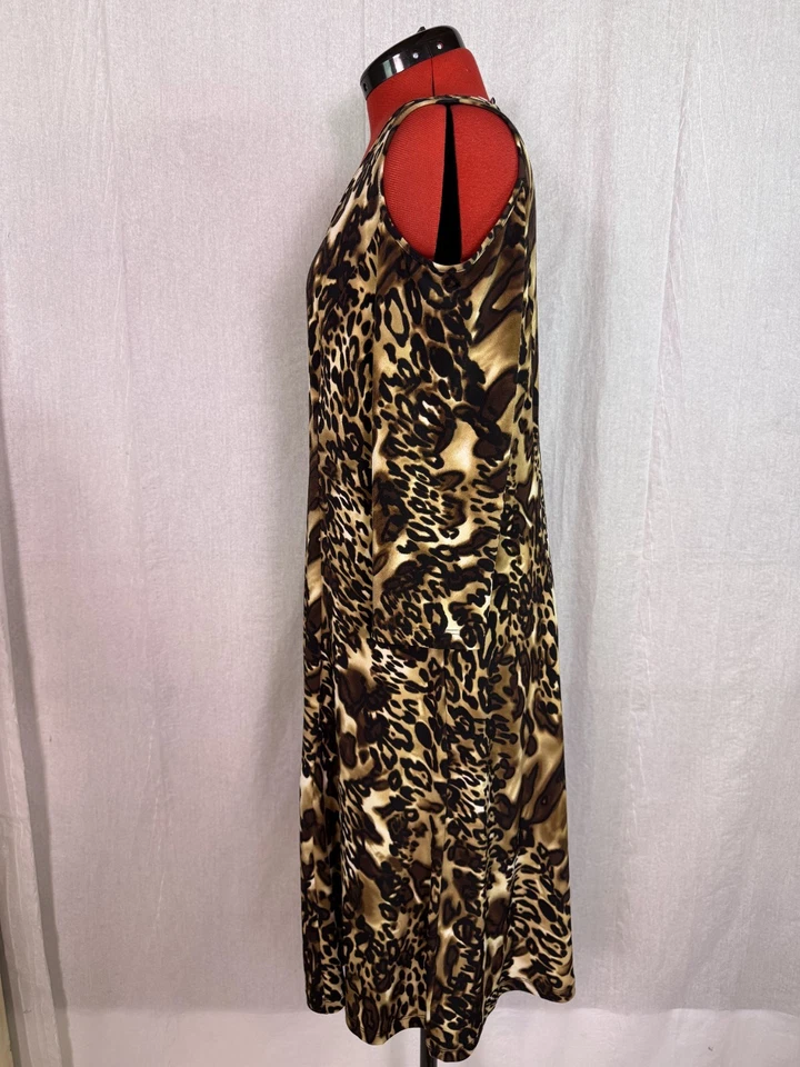 Vestido para mujer Susan Graver talla L ajustado hombro frío estampado animal E102 Foto 3 de 4