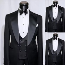 Black Men Suits 3 Piece Fashion Single Button Satin Peak Lapel Tuxedo Slim Fit
