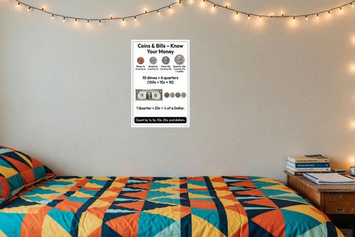 US Coins Bills Penny Nickel Dime quarto di dollaro poster 12x18 - Foto 4 di 7