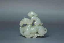 Chinese Antique Old Hetian Jade Hand-Carved Hu People Riding Horses Statues