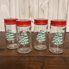 NUEVO Lote de 4 - Feliz Navidad Árbol de Nieve Tarros de Especias de Vidrio Tapa Roja Decoración de Cocina