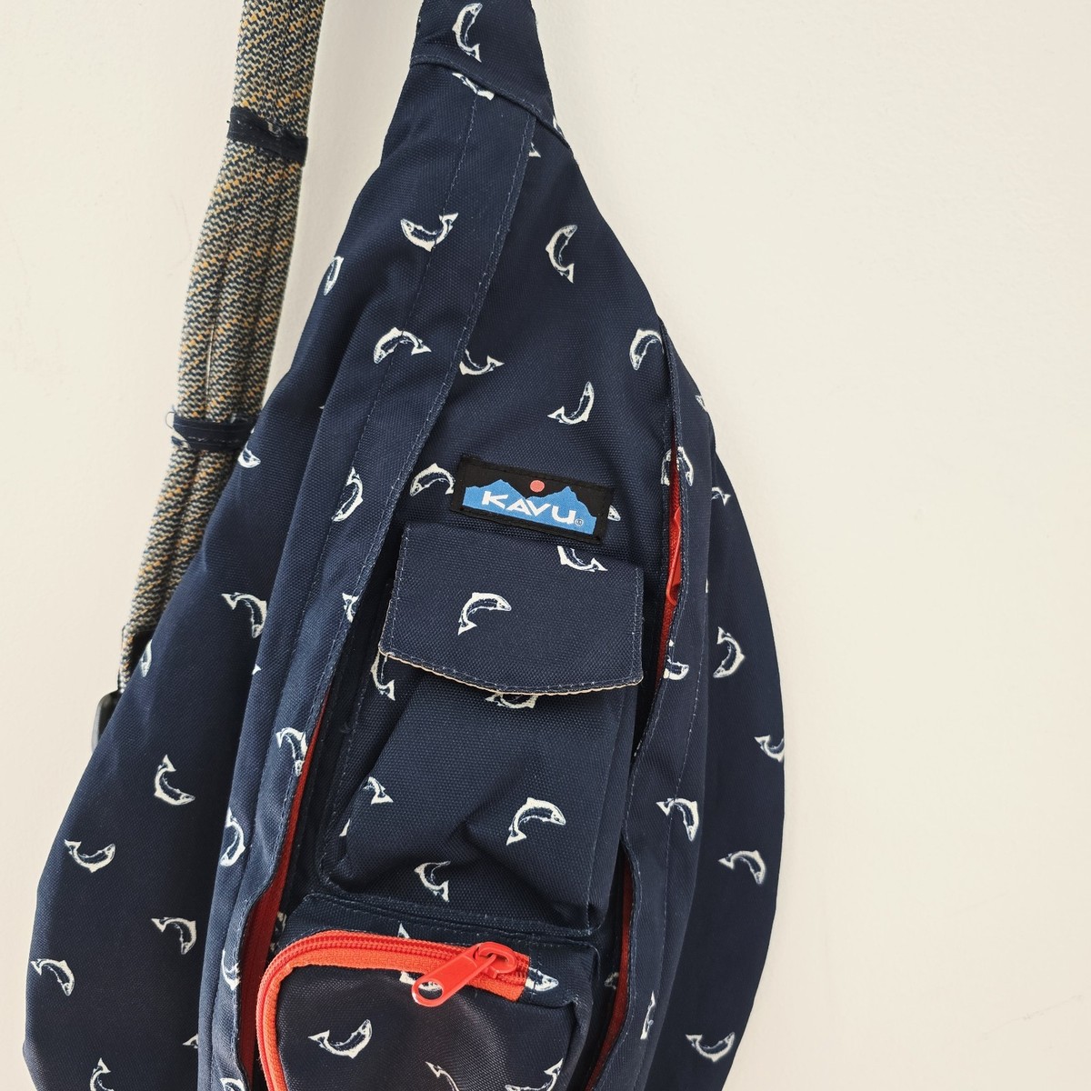 Kavu Rope Bag Backpack Slim Fish Print Pockets Navy Womens 
