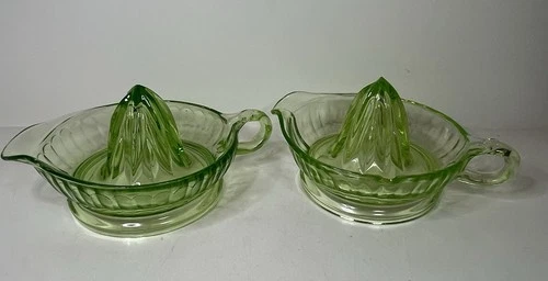 2 Green Depression Glass Reamer Uranium Vaseline Citrus Juicer With Chips