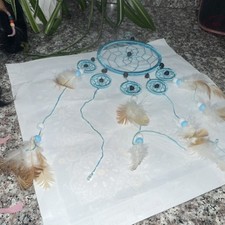 Handmade Blue Dreamcatcher Wall Hanging with Feathers and Beads Decor