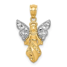 14k Yellow Gold W/Rhodium Polished / Textured Angel Pendant Perfect Gift for Her