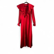 Vintage Ruffle Collar Robe Women's Size Large Burgundy House Dress Retro Drama
