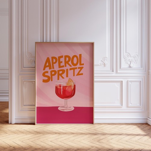Retro Pink Aperol Spritz Cocktail Bar Cart Wall Art Print Poster - Picture 5 of 6