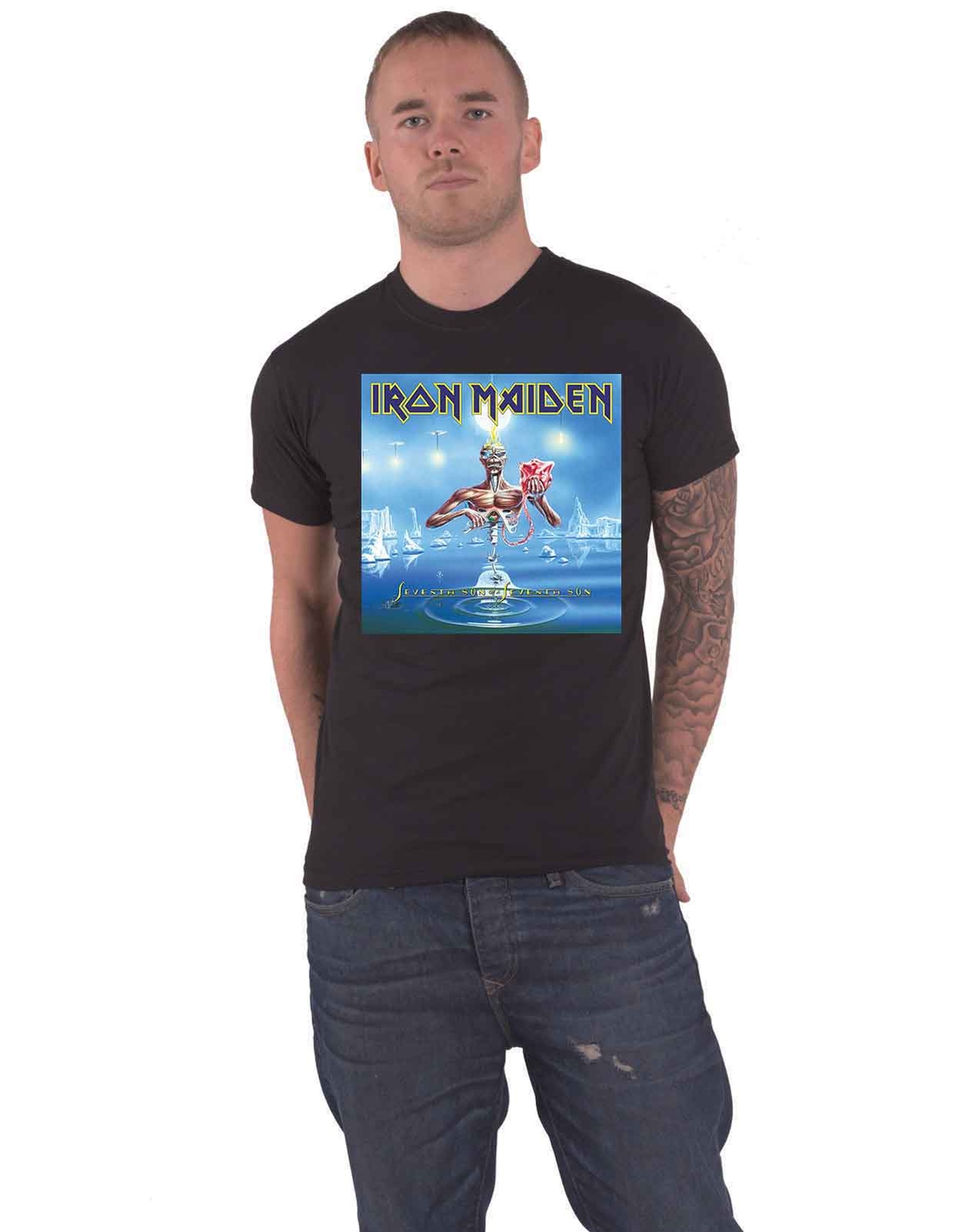 Official Iron Maiden Seventh Son Box Logo Band Tee for Men in Black