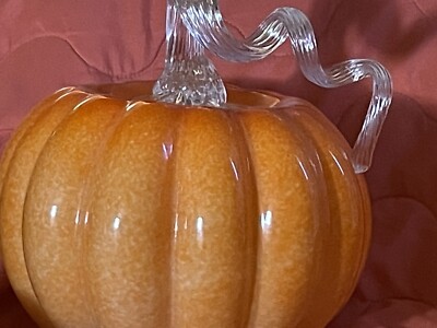 Art Glass Clear Twisted Stem And Orange Large Pumpkin - 10x11 