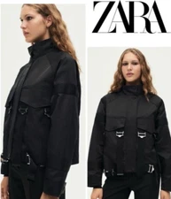 New ZARA Collection Buckled Bomber Jacket Womens XL Black Straps Goth Rave Punk