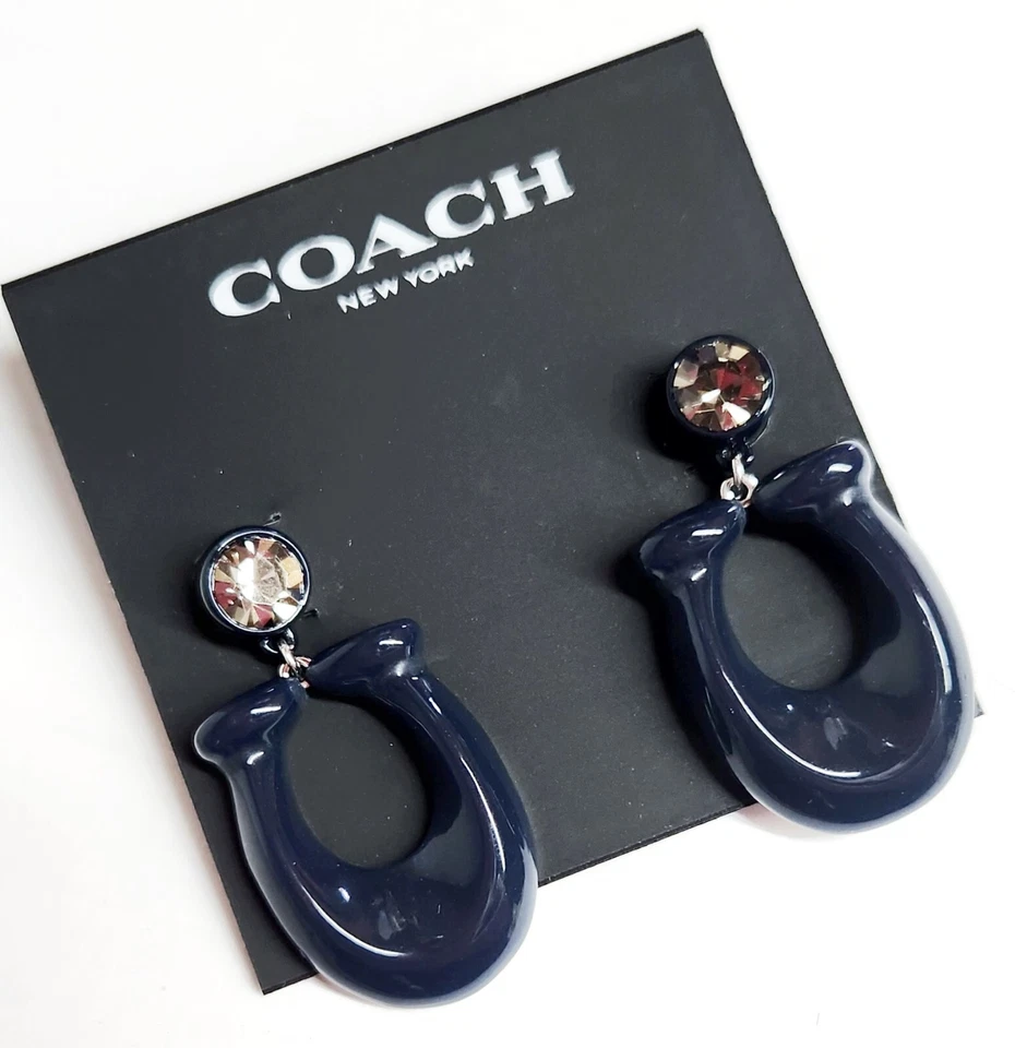 Pendientes Coach Reserve Grandes Firma Esmalte Azul Marino Chapado en Rodio Latón Nuevos con Etiquetas Foto 3 de 4