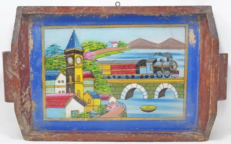 Bandeja de servir de vidro antiga de madeira original antiga feita à mão pintada finamente - Imagem 2 de 4