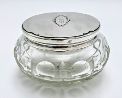 Vintage Cut Crystal Dresser Jar - Sterling Lid Monogrammed 'H' - A36871