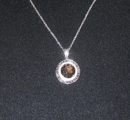 New Smoky Genuine Quartz & Diamond Round Pendent & Chain Sterling Silver Loanzo - Picture 4 of 10
