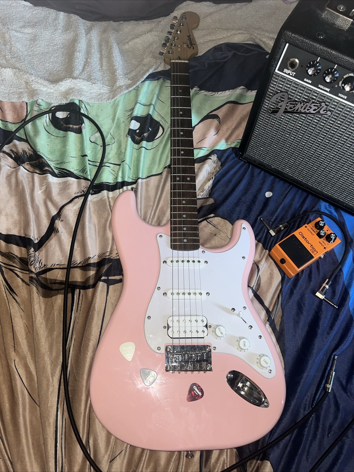 squire stratocaster guitar With Fender Champion 20 Amp And  A Boss Ds-1 Pedal