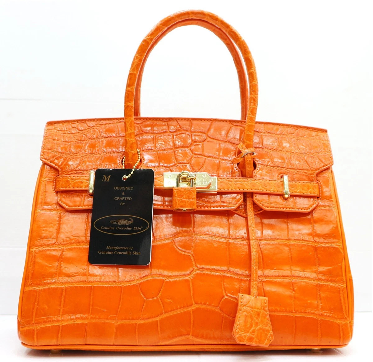 Genuine Croc Leather Women Handbag Bag Tote Shiny Orange w/Cross