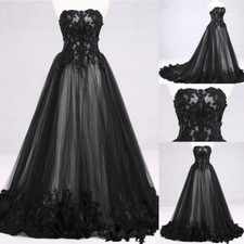 Black Gothic Wedding Dress Plus Size Strapless Lace Applique A Line Bridal Gowns