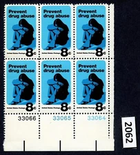Dealer Dave US Stamps #1438 PREVENT DRUG ABUSE 1971 PLATE BLOCK OF 6 MNH (2062)