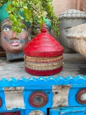 Rare Old Wooden Hand Carved Lacquer Painted Tika Kumkum Antique Powder Box